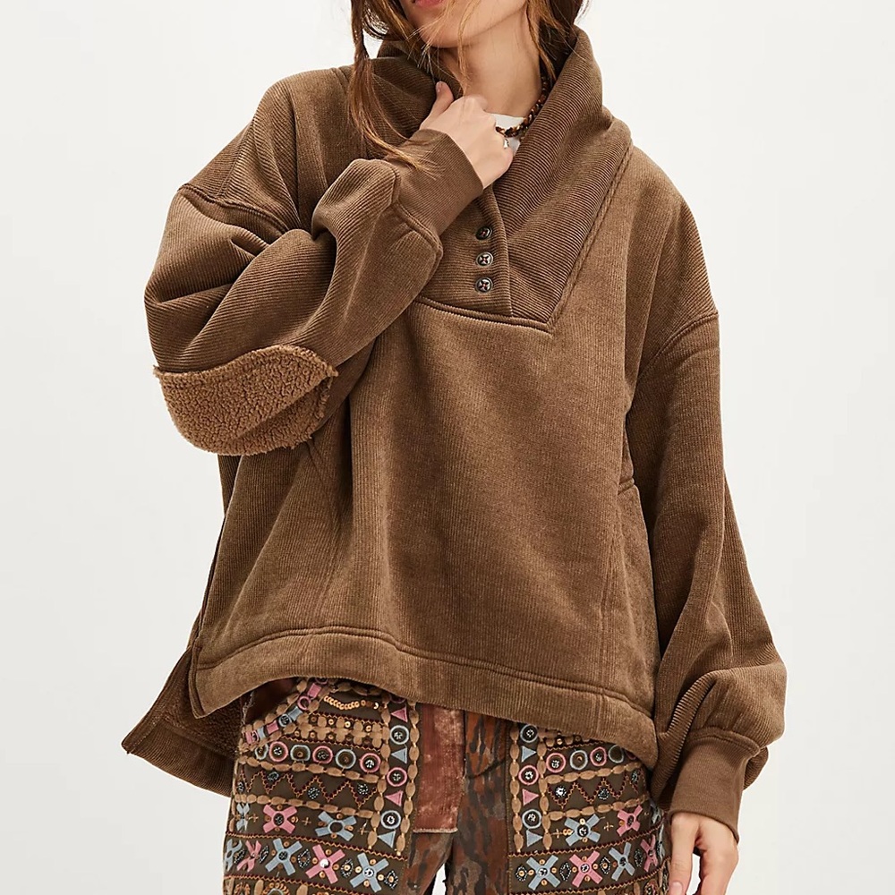 Free People Mia Henley Sweatshirt Size: Large in Brown Wood Green